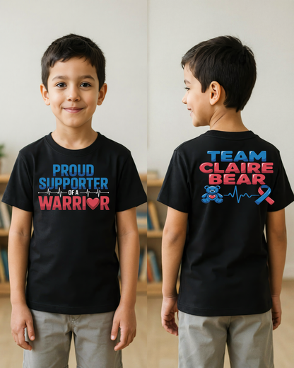 Kids Tee — "Proud Supporter of a Warrior" | Team Claire Bear Pediatric Cancer Awareness Shirt