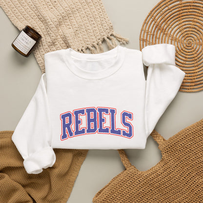 Rebels Graphic Crewneck Sweatshirt — Retro Collegiate Embroidered Lettering