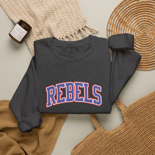 Rebels Graphic Crewneck Sweatshirt — Retro Collegiate Embroidered Lettering