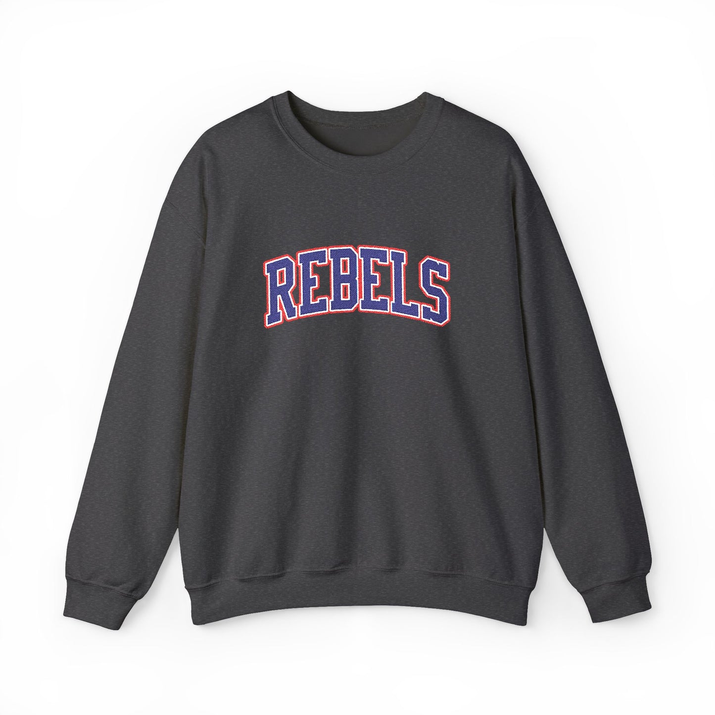 Rebels Graphic Crewneck Sweatshirt — Retro Collegiate Embroidered Lettering