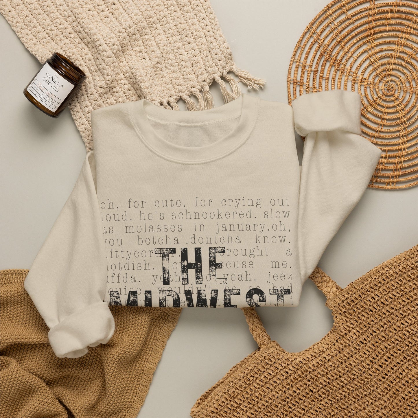 Midwest Crewneck Sweatshirt — "The Midwest" with Funny Midwestern Sayings (Uffda)