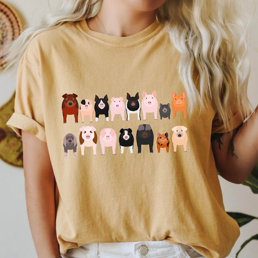 Pig Lovers Comfort Color Tees, Farm Animal Shirts, Illustration, Breeds, Pet Comfort Colors T-Shirt