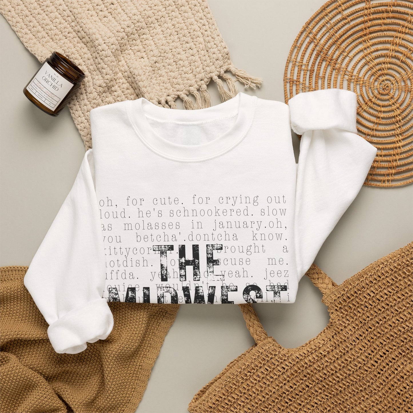 Midwest Crewneck Sweatshirt — "The Midwest" with Funny Midwestern Sayings (Uffda)