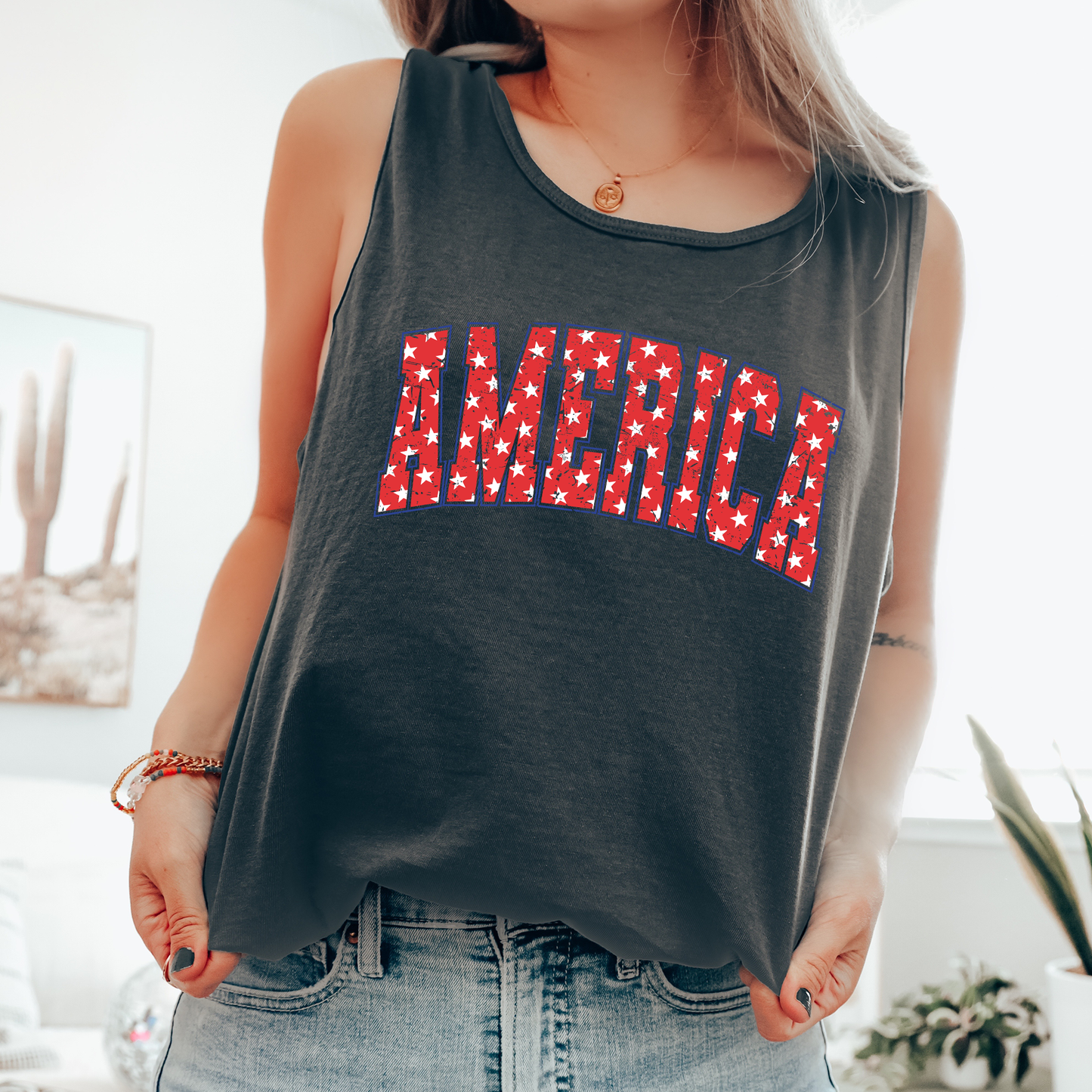 America Retro Varsity, Fourth of July, America, Patriotic, USA Comfort Colors Tank Top