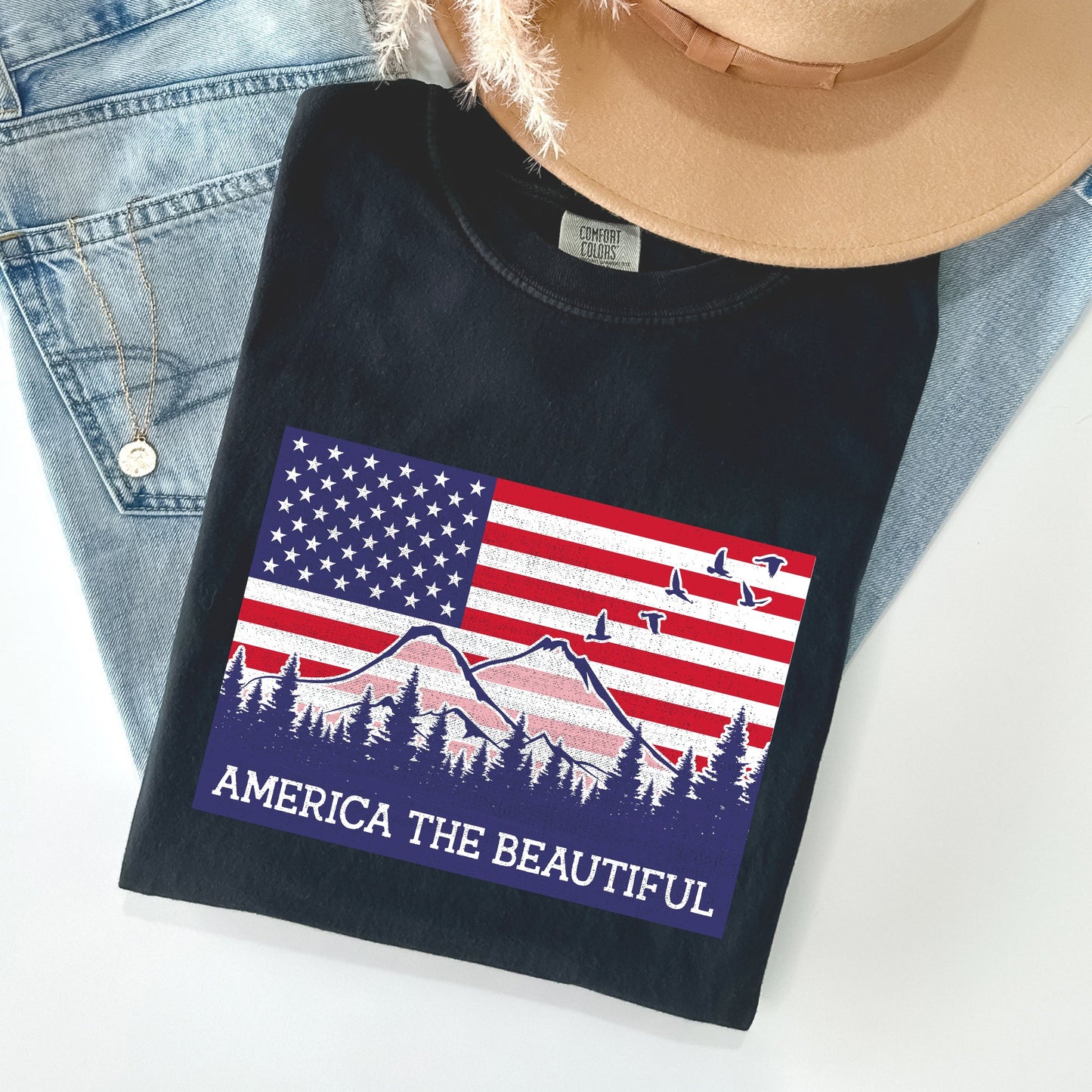 America The Beautiful, Flag, Mountains, Patriotic Tshirt Comfort Colors T-Shirt