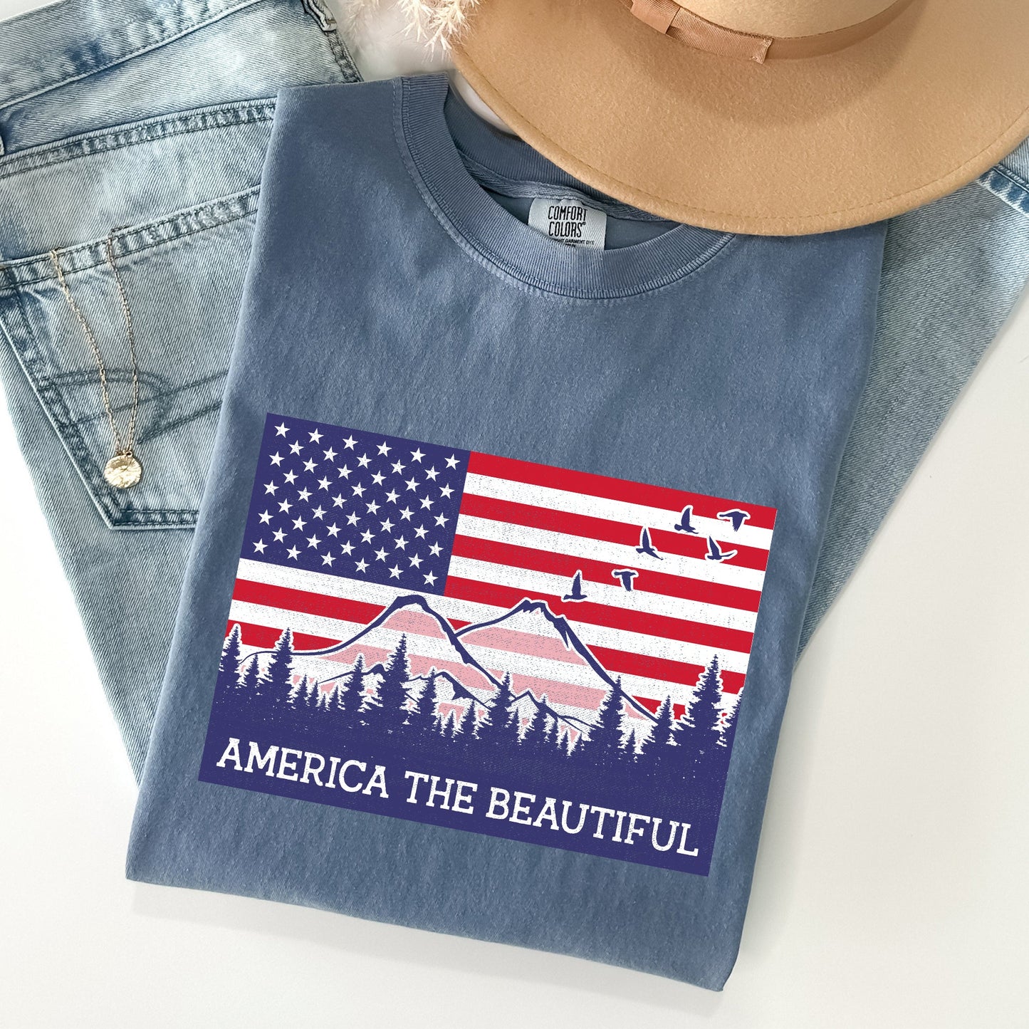 America The Beautiful, Flag, Mountains, Patriotic Tshirt Comfort Colors T-Shirt