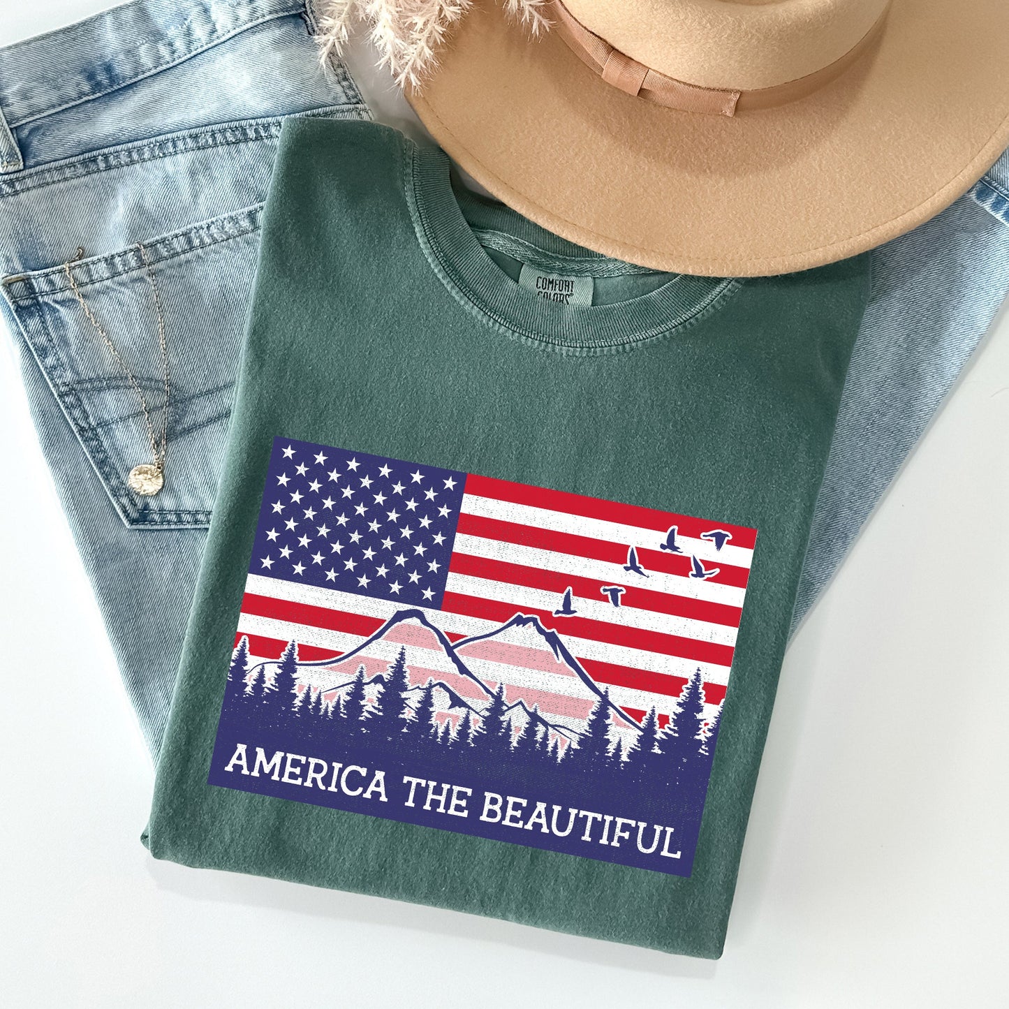 America The Beautiful, Flag, Mountains, Patriotic Tshirt Comfort Colors T-Shirt