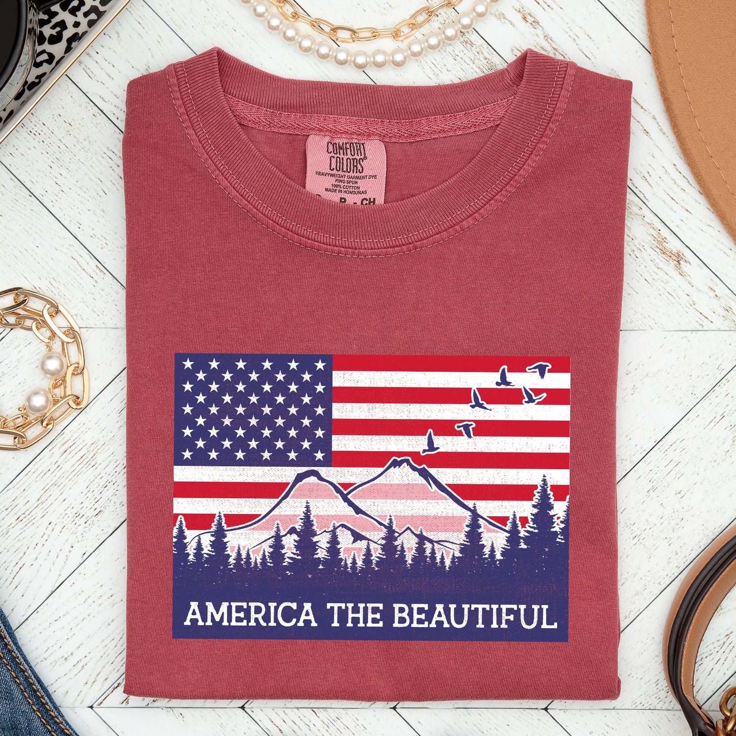 America The Beautiful, Flag, Mountains, Patriotic Tshirt Comfort Colors T-Shirt