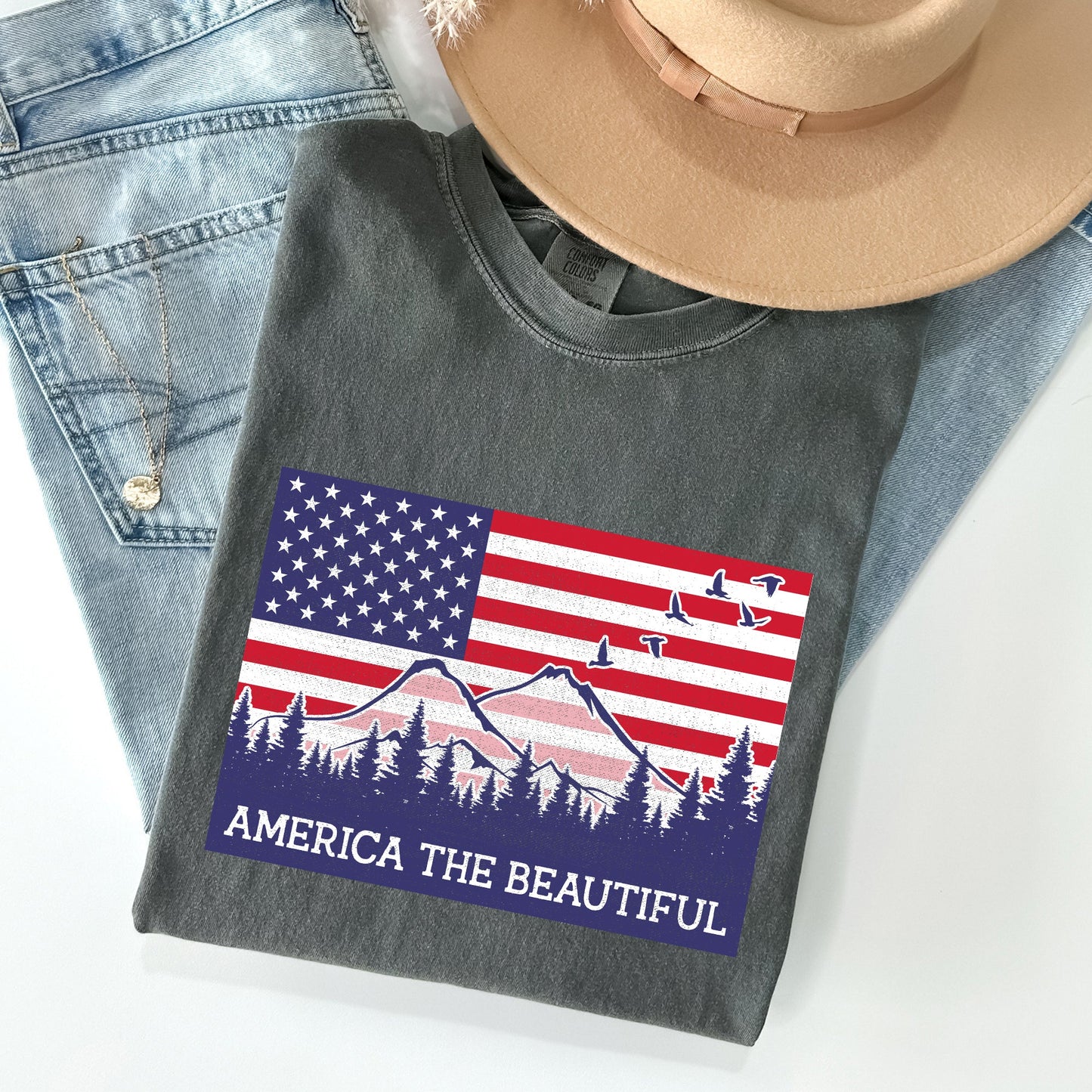 America The Beautiful, Flag, Mountains, Patriotic Tshirt Comfort Colors T-Shirt