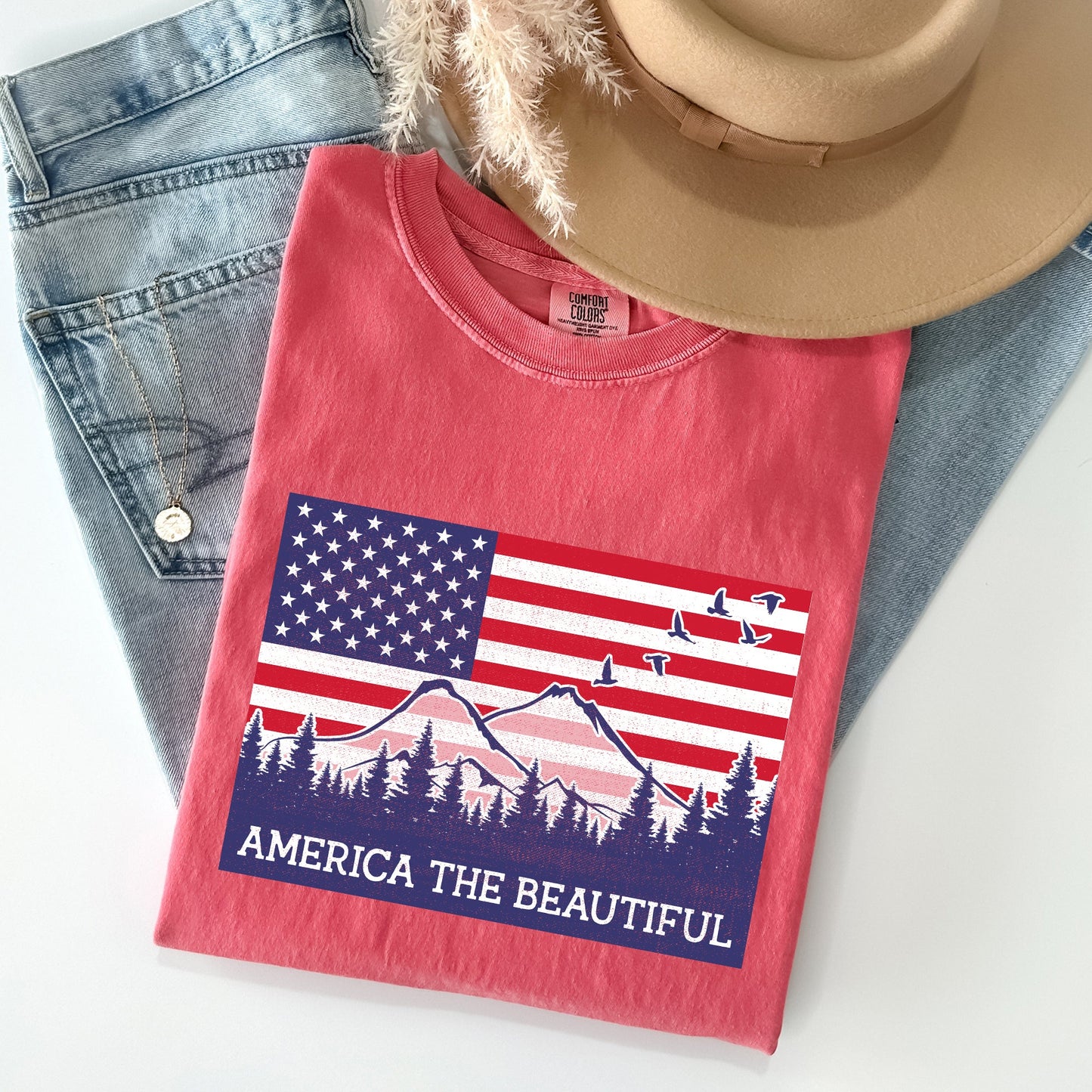 America The Beautiful, Flag, Mountains, Patriotic Tshirt Comfort Colors T-Shirt