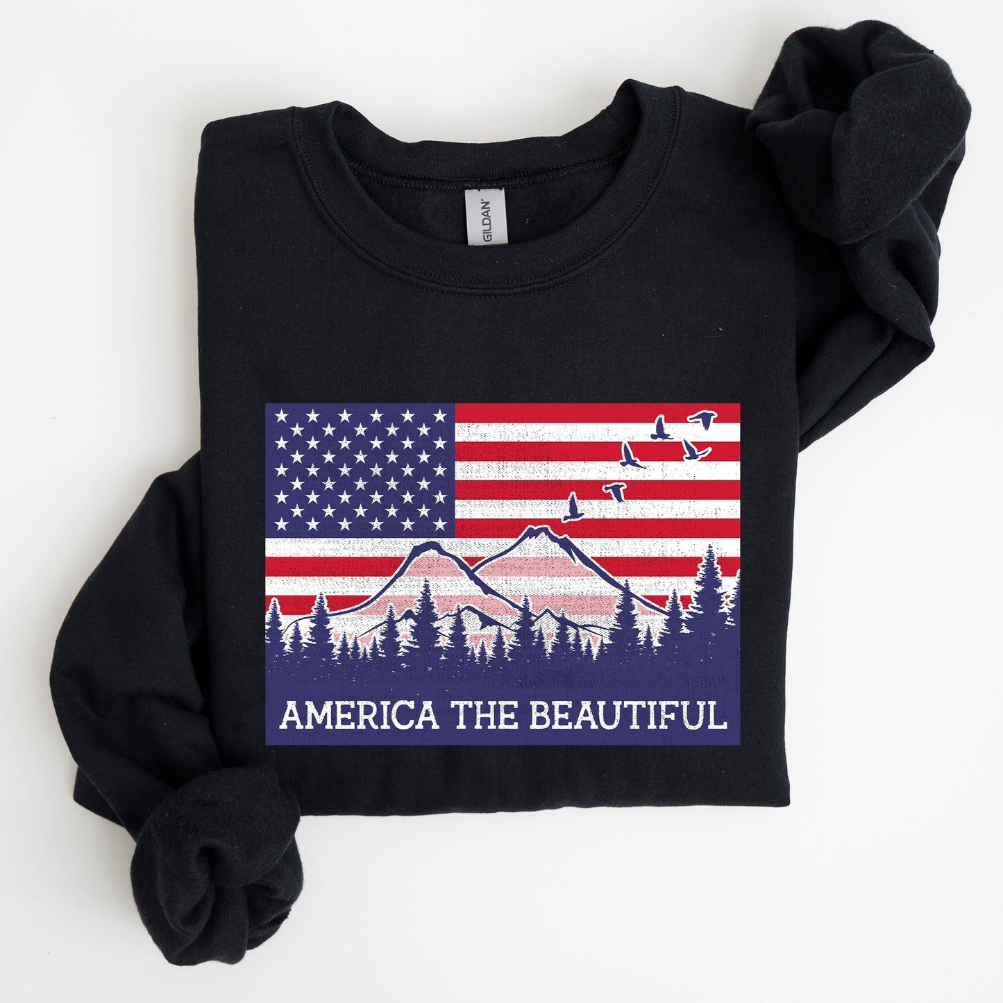 America The Beautiful, Flag, Mountains, Patriotic Sweatshirt