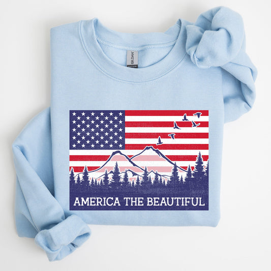 America The Beautiful, Flag, Mountains, Patriotic Sweatshirt