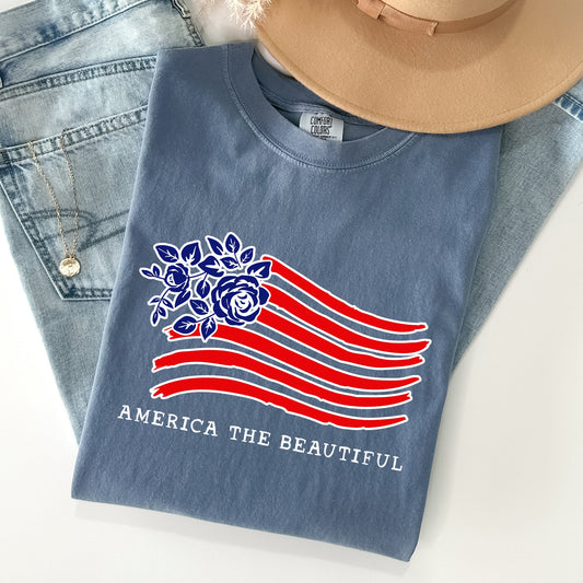America The Beautiful, Flower Flag, Patriotic Tshirt Comfort Colors T-Shirt