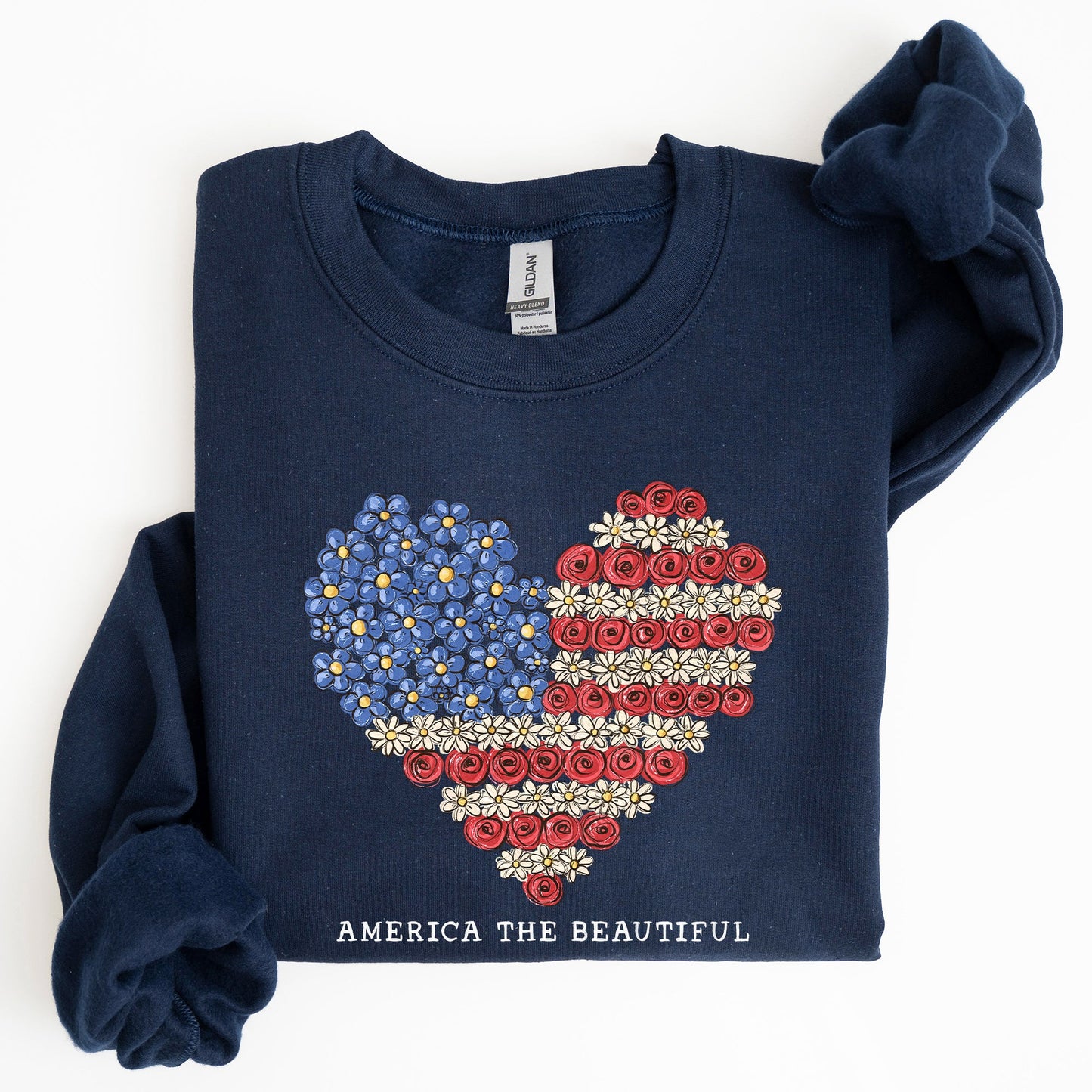 America The Beautiful, Flowers, Heart Flag, Sweatshirt