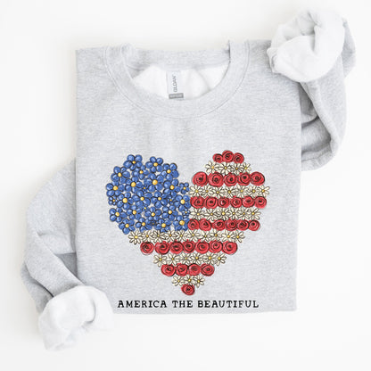America The Beautiful, Flowers, Heart Flag, Sweatshirt