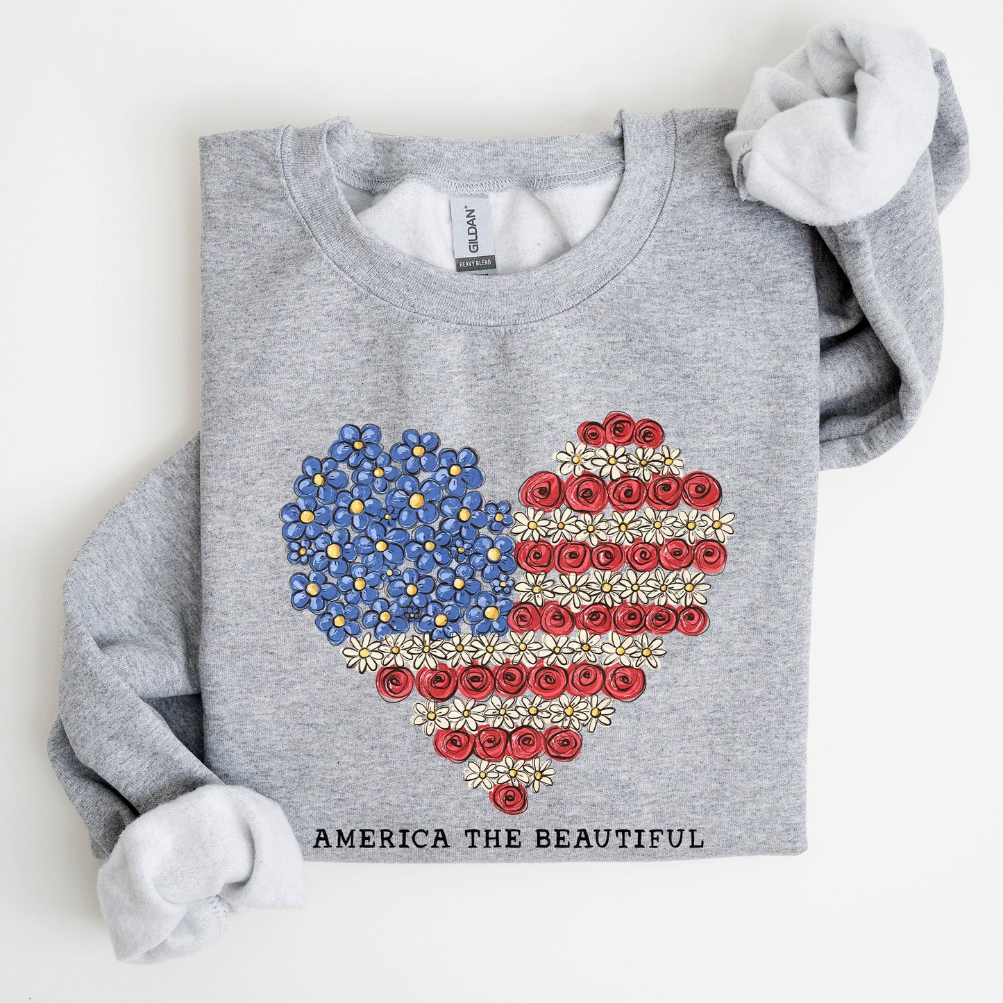 America The Beautiful, Flowers, Heart Flag, Sweatshirt