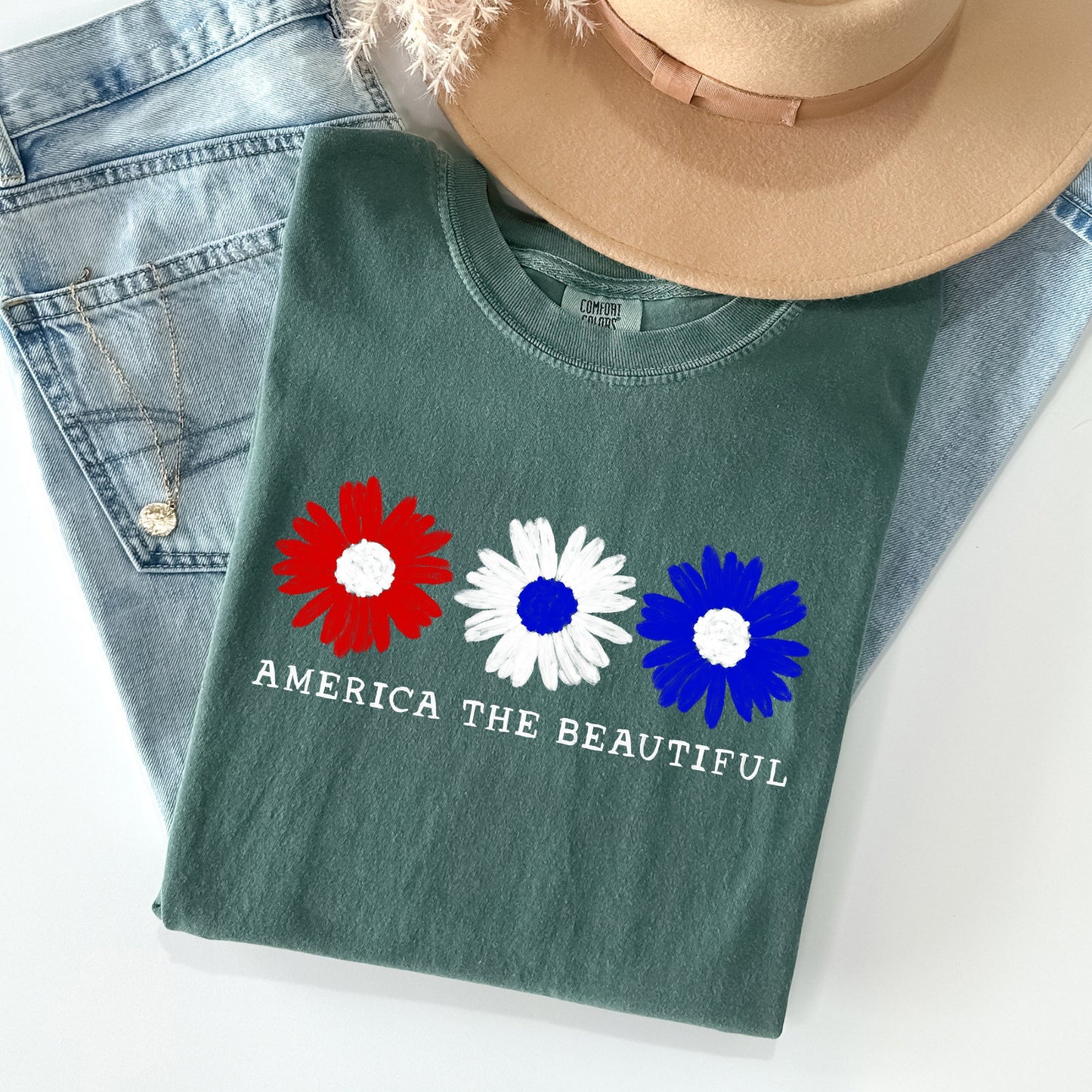 America The Beautiful, Flowers, Red White Blue Tshirt Comfort Colors T-Shirt