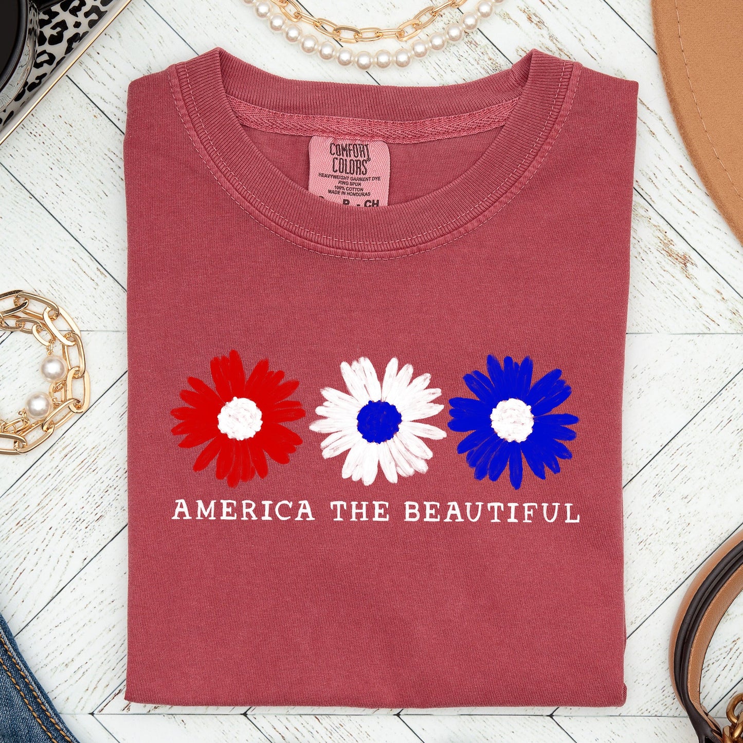 America The Beautiful, Flowers, Red White Blue Tshirt Comfort Colors T-Shirt