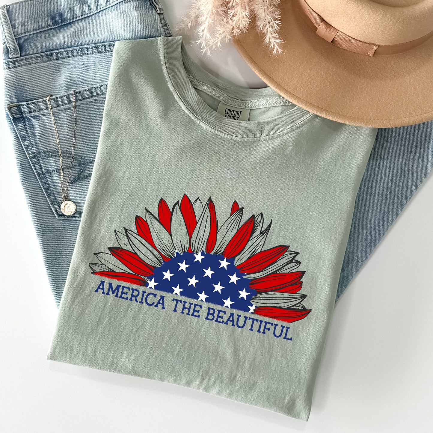 America The Beautiful, Sunflower Flag, Red White Blue Tshirt Comfort Colors T-Shirt