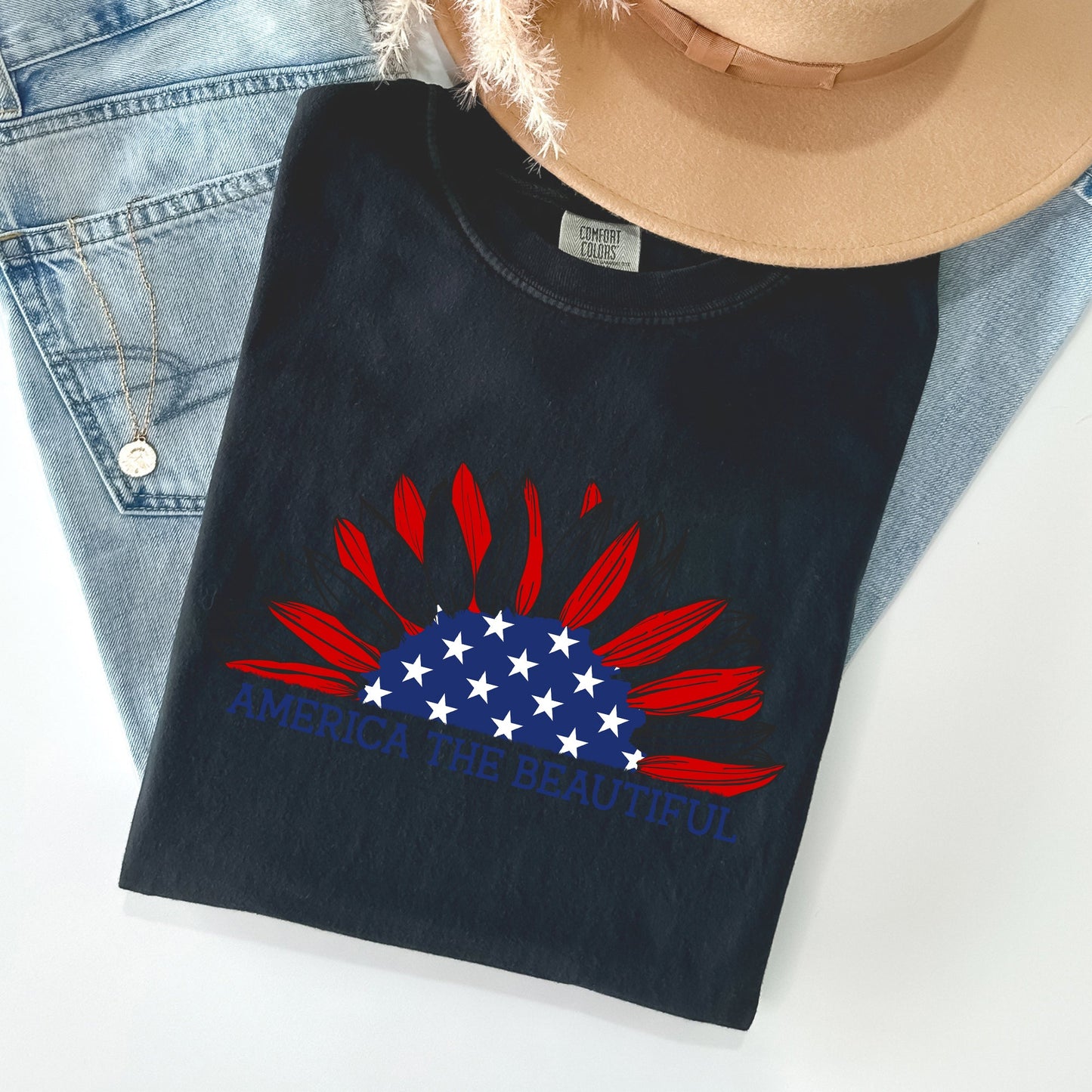 America The Beautiful, Sunflower Flag, Red White Blue Tshirt Comfort Colors T-Shirt