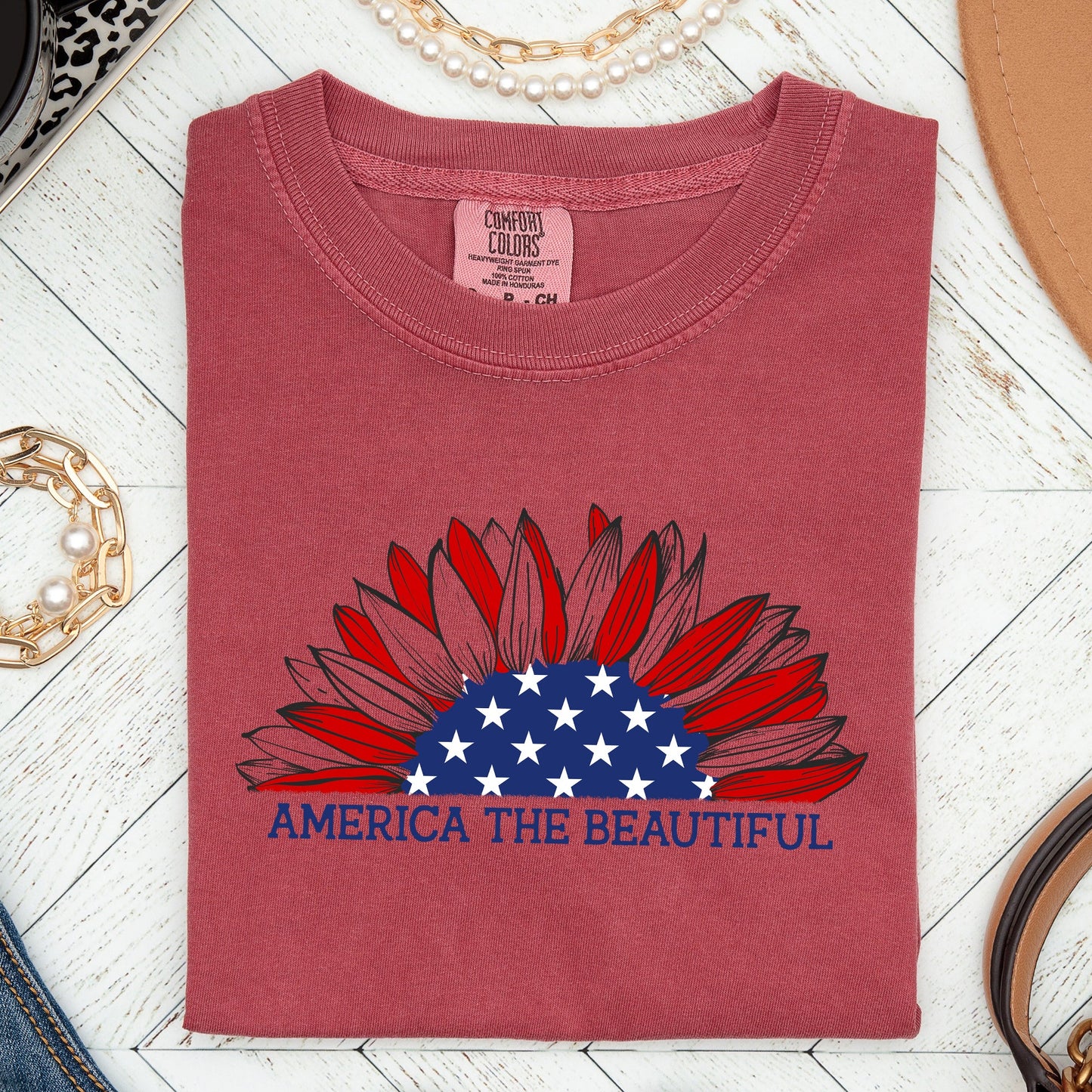America The Beautiful, Sunflower Flag, Red White Blue Tshirt Comfort Colors T-Shirt