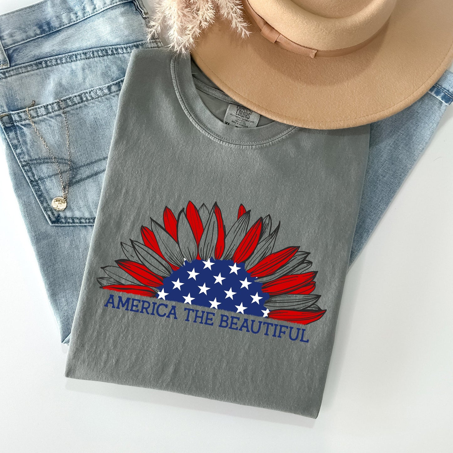 America The Beautiful, Sunflower Flag, Red White Blue Tshirt Comfort Colors T-Shirt