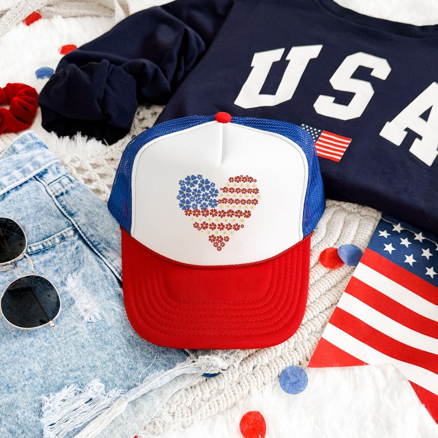 America, Floral Heart, Patriotic, Snapback Trucker Hat