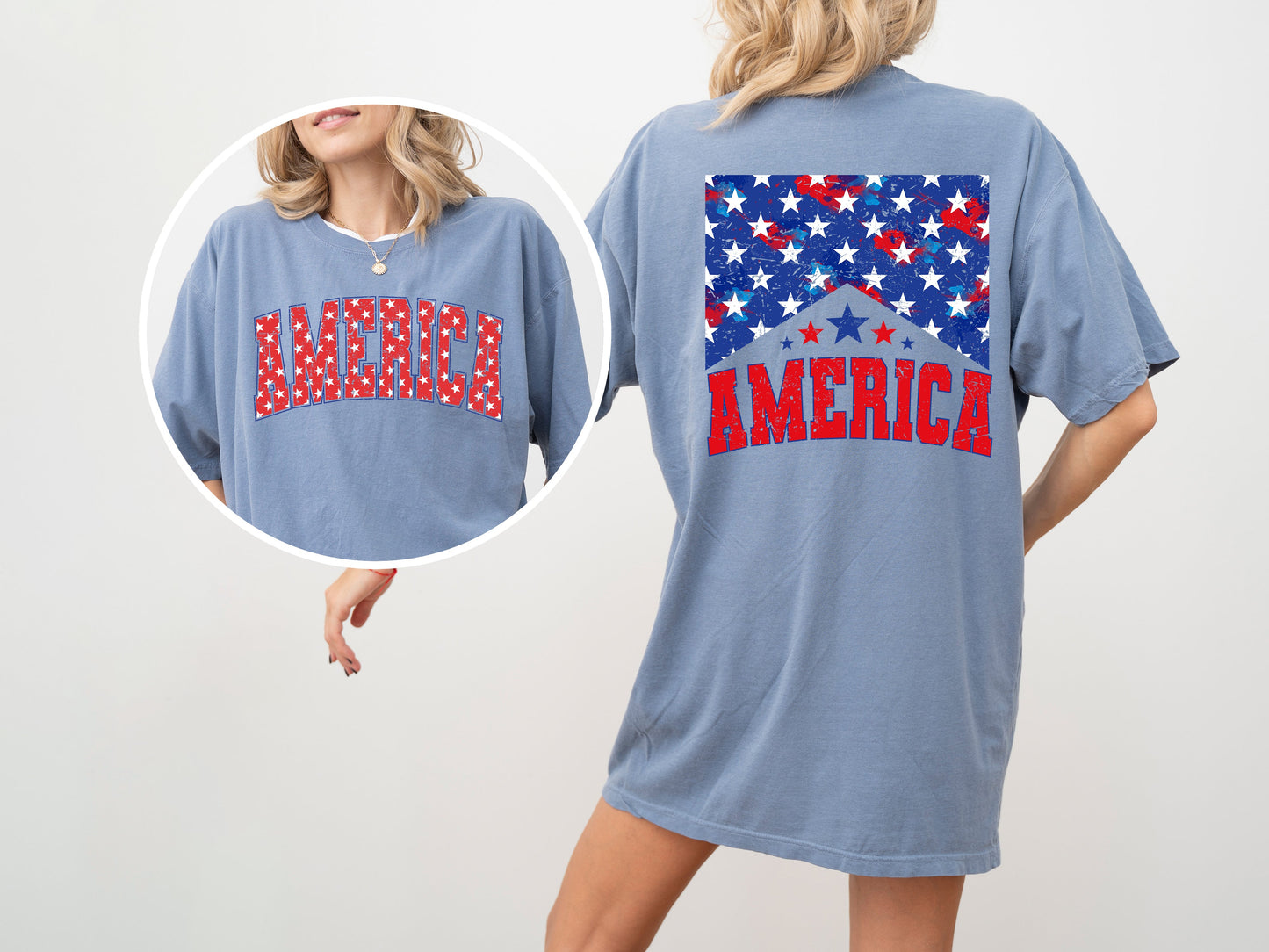 America, Red White Blue, Stars, Stripes, Patriotic, Independence Day, Front and Back, USA, Flag, Tshirt Comfort Colors T-Shirt
