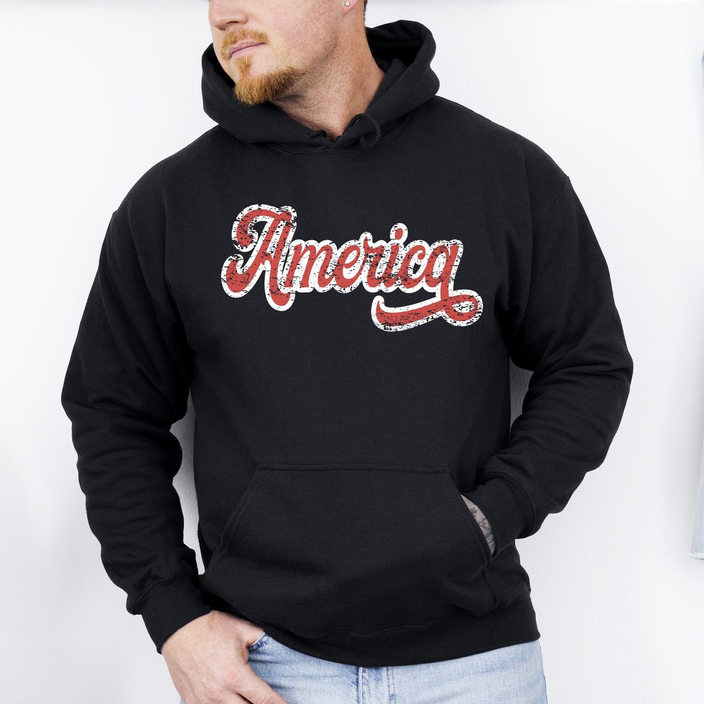 America, Red, White, Varsity, Retro, Patriotic, USA, 4th of July Hoodie, Hooded Sweatshirt