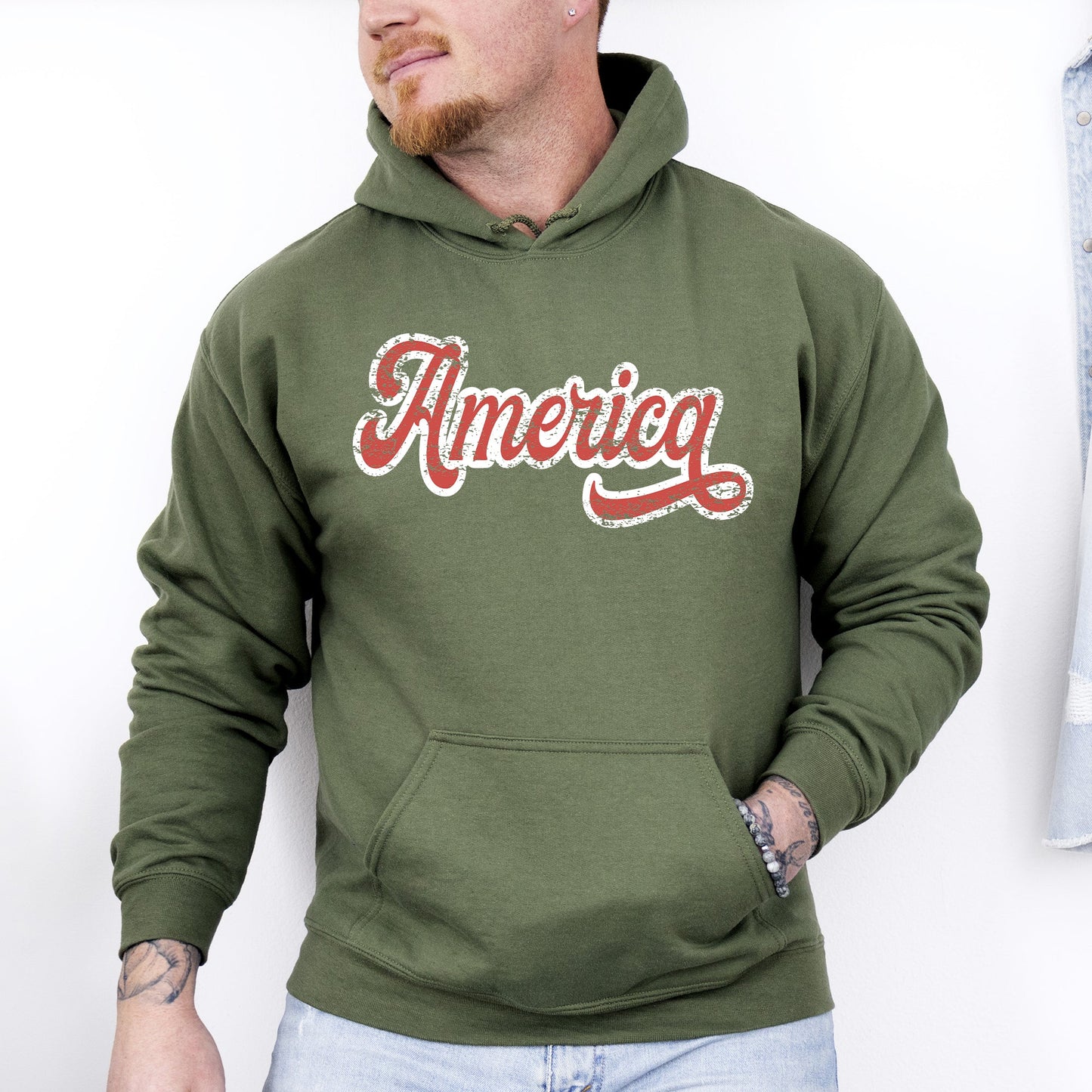 America, Red, White, Varsity, Retro, Patriotic, USA, 4th of July Hoodie, Hooded Sweatshirt
