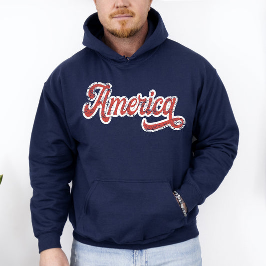 America, Red, White, Varsity, Retro, Patriotic, USA, 4th of July Hoodie, Hooded Sweatshirt