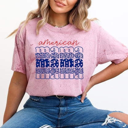 American Mama, Retro, Patriotic, Stars, Leopard, 4th of July, Color Blast Tshirt Comfort Colors T-Shirt