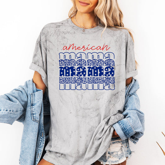 American Mama, Retro, Patriotic, Stars, Leopard, 4th of July, Color Blast Tshirt Comfort Colors T-Shirt