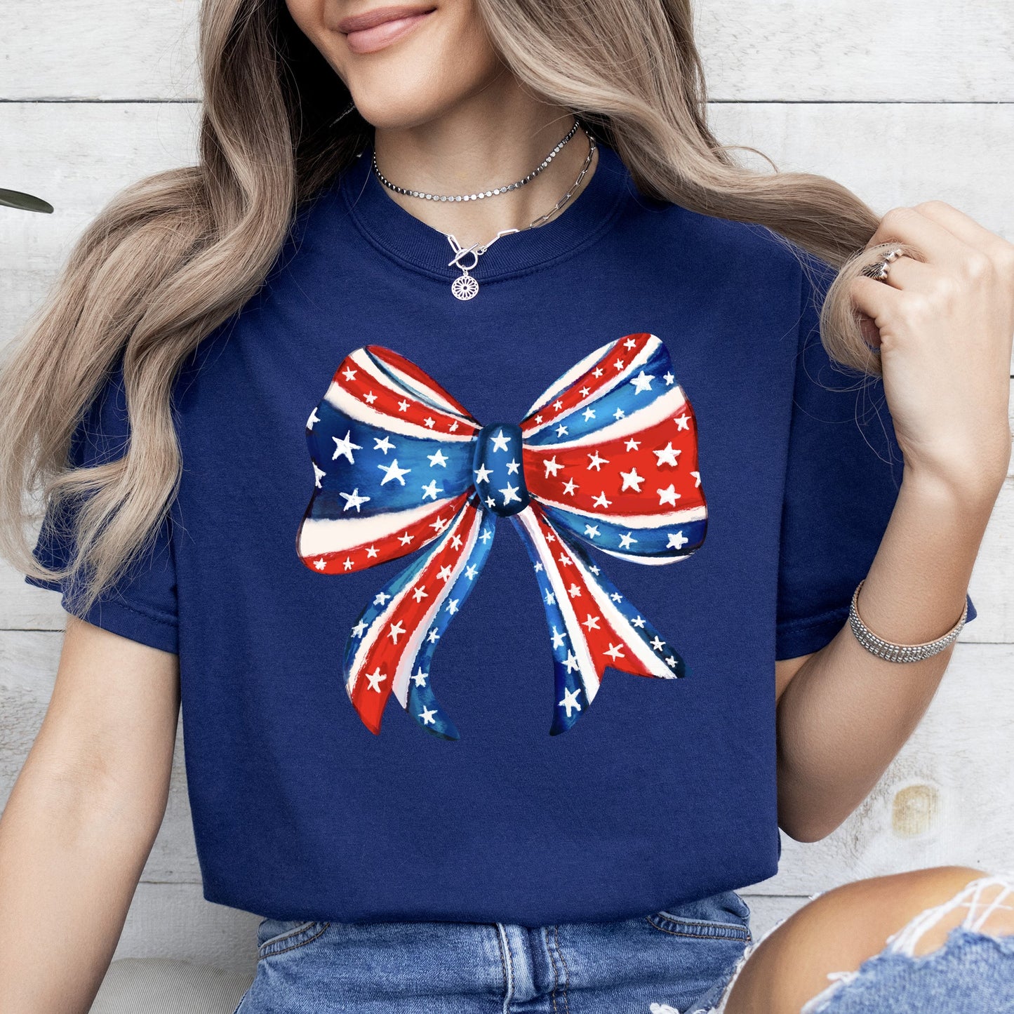 American, Bow, Red, White, Blue, Patriotic, 4th of July Tshirt Comfort Colors T-Shirt