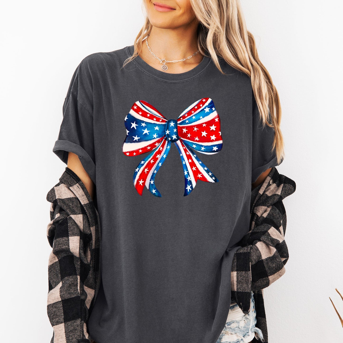 American, Bow, Red, White, Blue, Patriotic, 4th of July Tshirt Comfort Colors T-Shirt