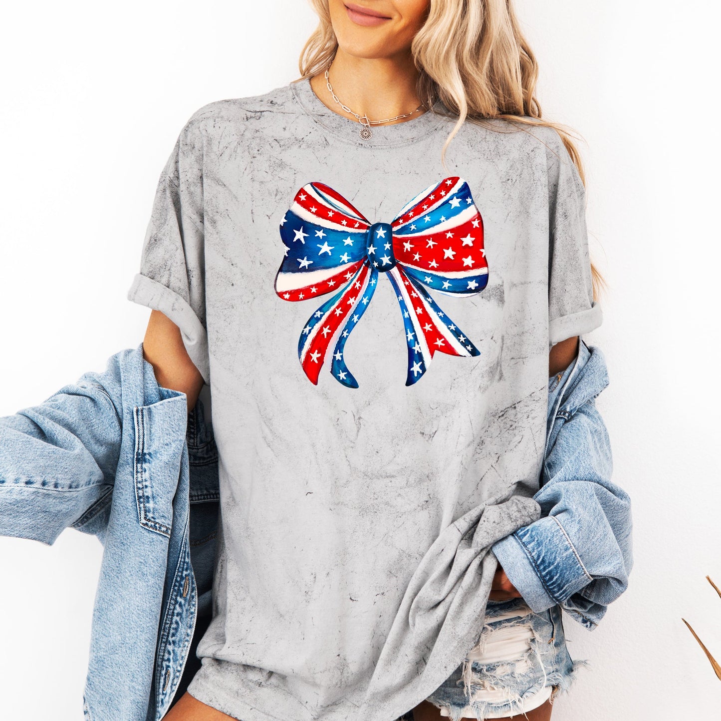 American, Bow, Red, White, Blue, Patriotic, 4th of July, Color Blast Tshirt Comfort Colors T-Shirt