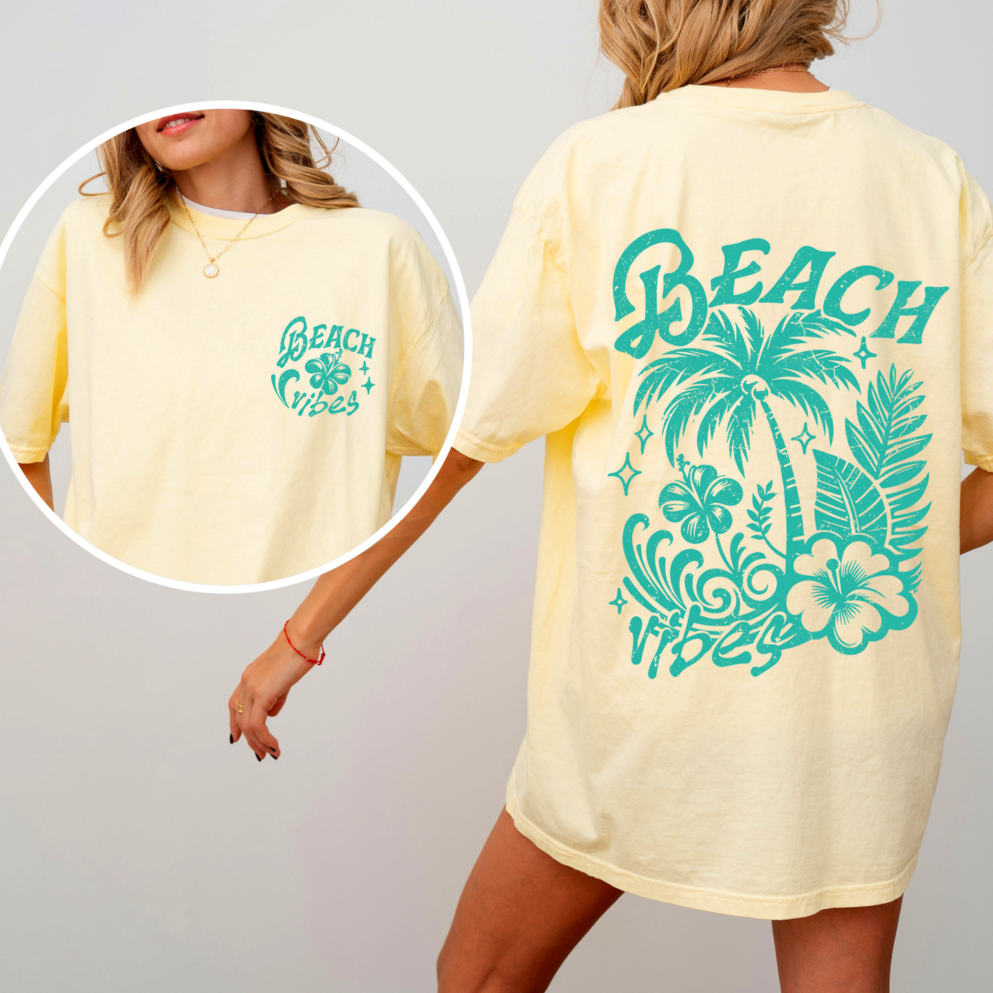Beach Vibes, Flower, Blue, Summer, Front and Back, Retro, Hibiscus, Comfort Colors T-Shirt