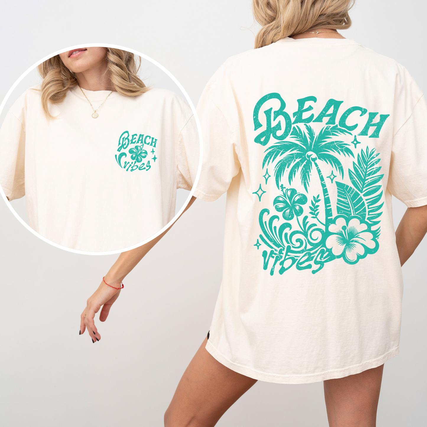 Beach Vibes, Flower, Blue, Summer, Front and Back, Retro, Hibiscus, Comfort Colors T-Shirt