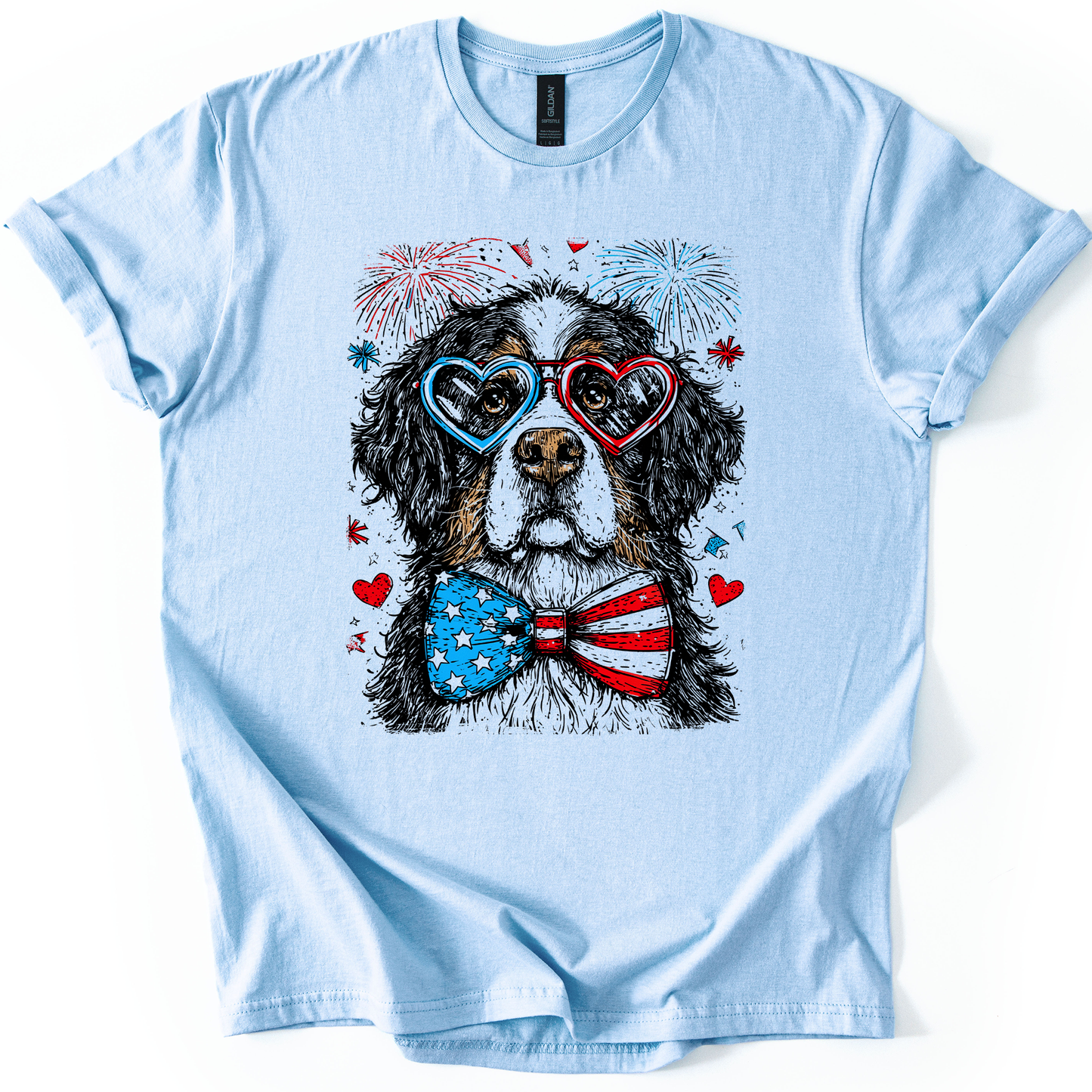 Bernese Mountain Patriotic Dog, USA, America, Pet Lover, 4th of July, Soft Style T-Shirt