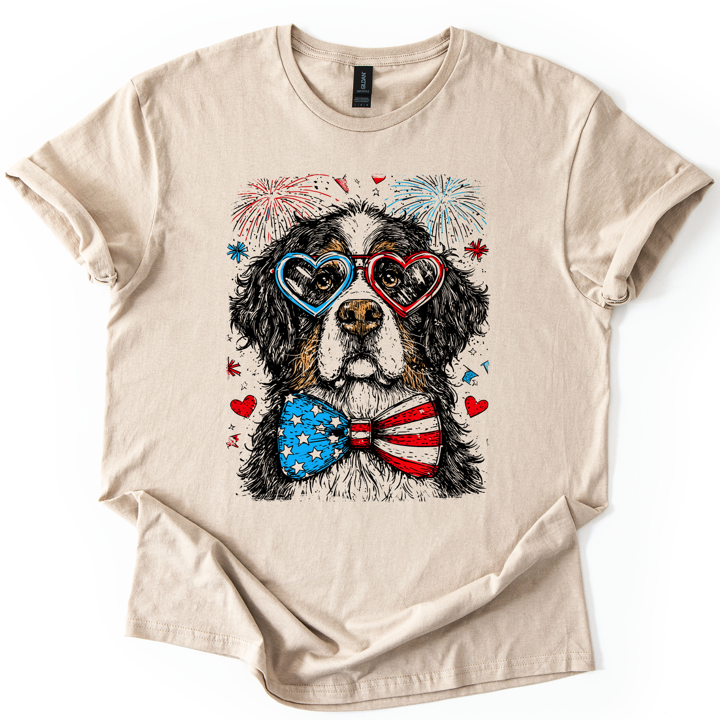 Bernese Mountain Patriotic Dog, USA, America, Pet Lover, 4th of July, Soft Style T-Shirt