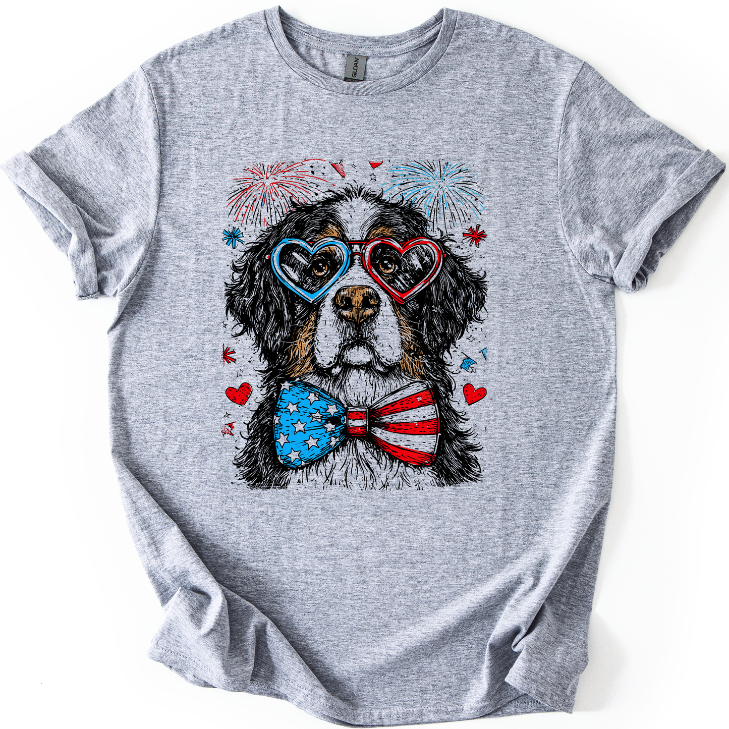 Bernese Mountain Patriotic Dog, USA, America, Pet Lover, 4th of July, Soft Style T-Shirt