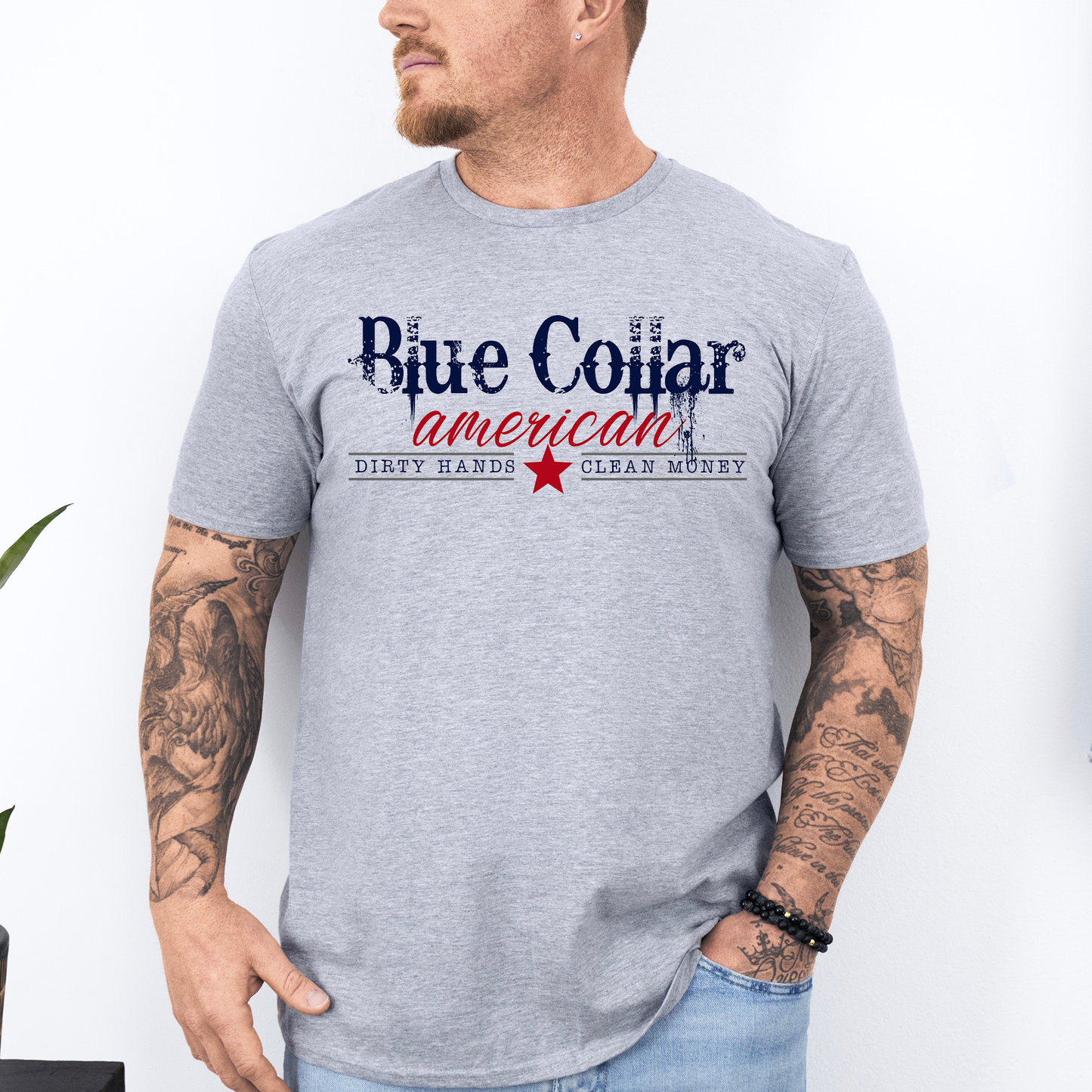 Blue Collar American, Dirty Hands, Clean Money, Dad, Father's Day, Husband, Guy Gift, Soft Style T-Shirt
