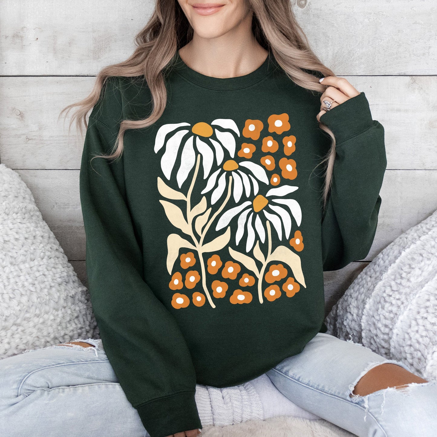 Boho Daisies, Boho Retro Floral Design Sweatshirt
