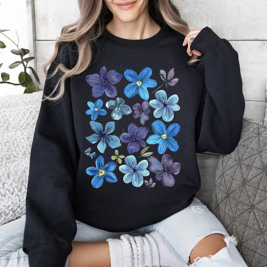 Bold Floral Blues, Pressed Flowers, Nature Sweatshirt