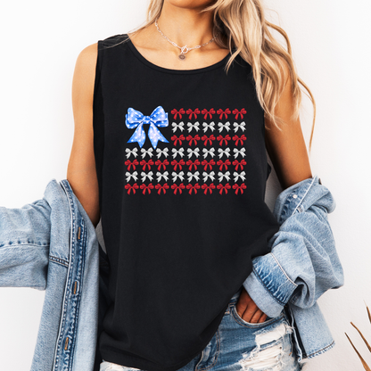 Bow Flag, Cute, Coquette, Fourth of July, America, Patriotic, USA Comfort Colors Tank Top