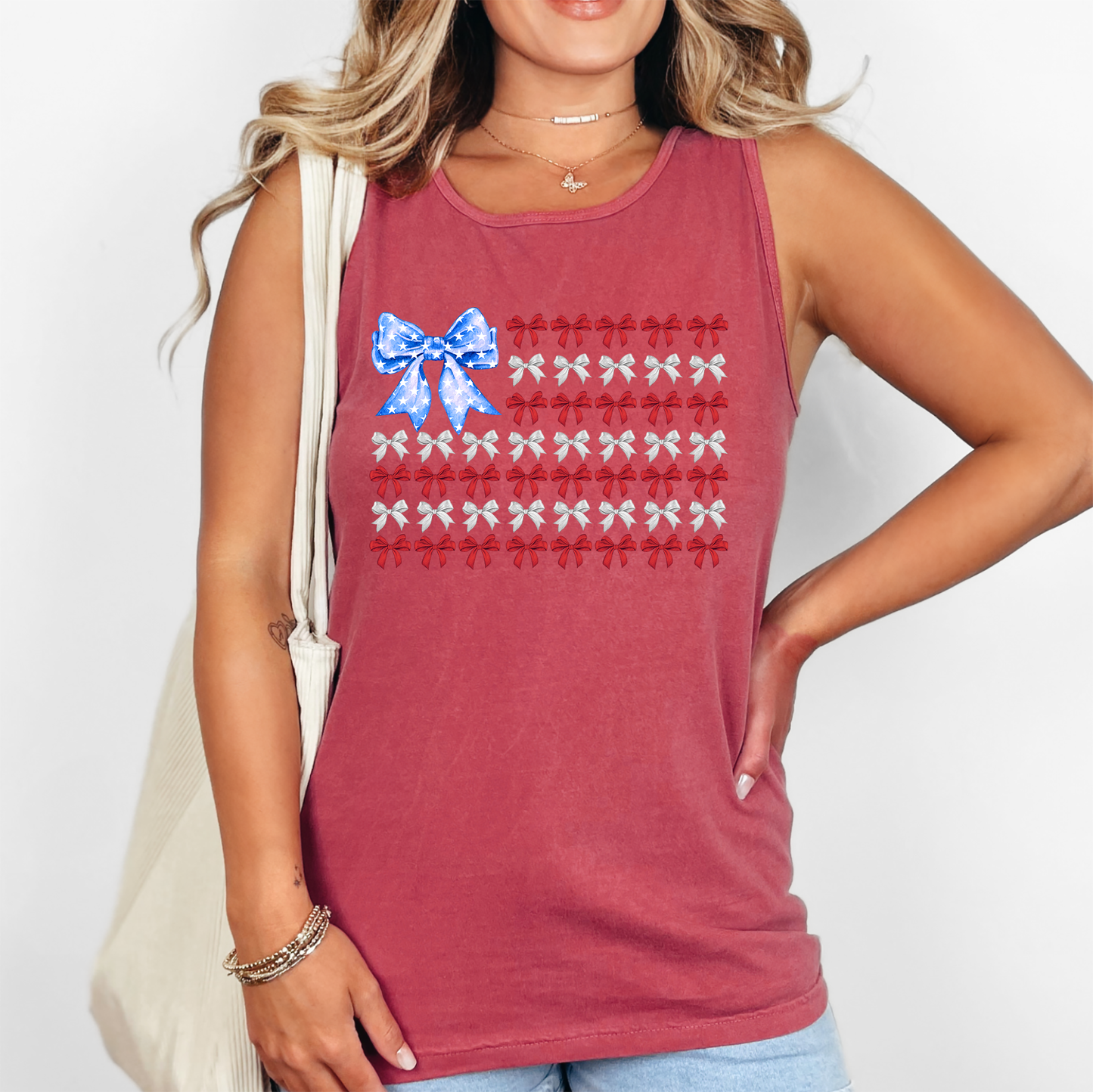 Bow Flag, Cute, Coquette, Fourth of July, America, Patriotic, USA Comfort Colors Tank Top