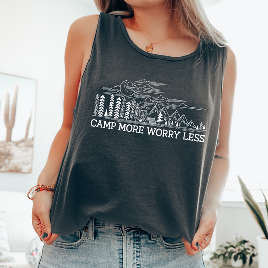 Camp More Worry Less, Camping, Hiking, Outdoors, Nature Comfort Colors Tank Top