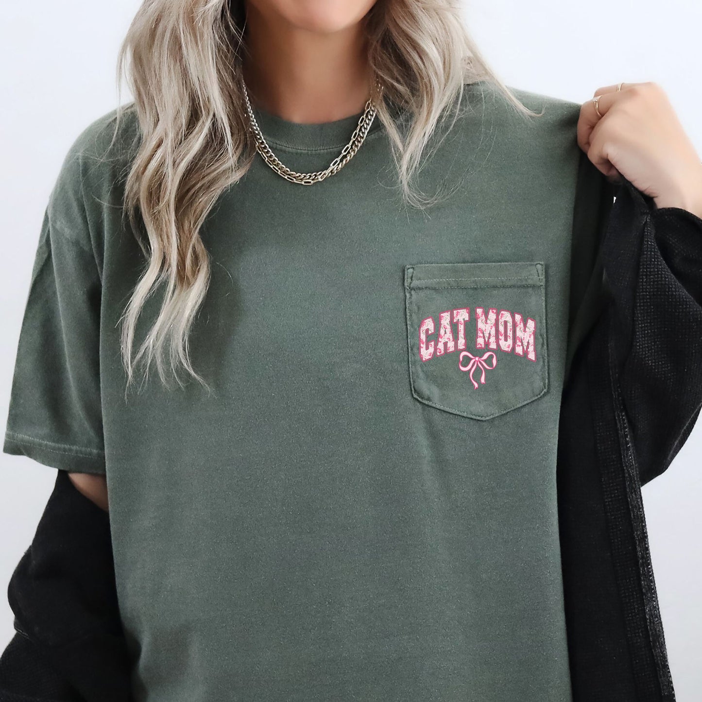 Cat Mom, Coquette, Pocket, Ribbons, Bows Pocket Tee Comfort Colors T-Shirt