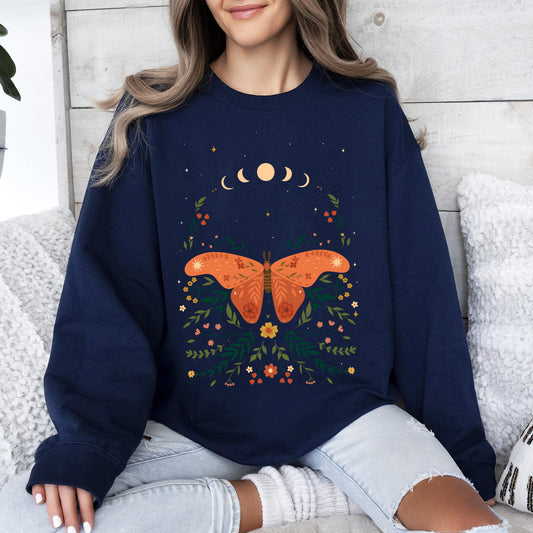 Celestial Garden Tale, Moth, Moon, and Flowers Sweatshirt