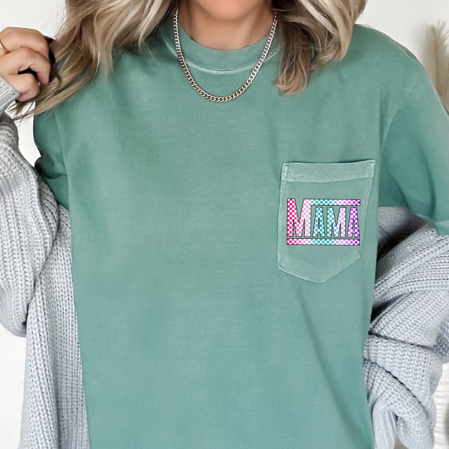 Checkered Mama, Colorful, Retro, Pocket Tee Comfort Colors T-Shirt